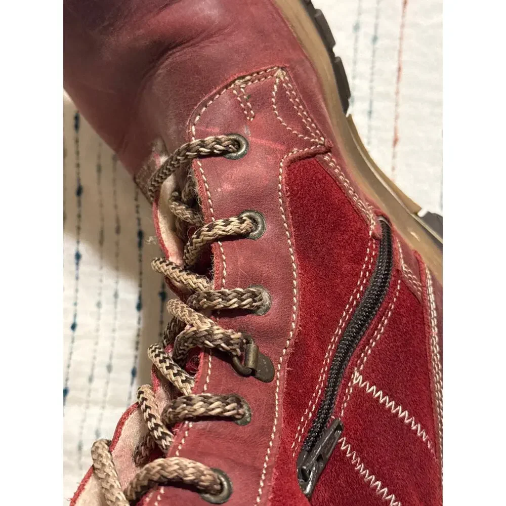 Bos & Co Glacier Red Leather Zippered Lace Up Sherpa Boots Size 40 US Women’s 9